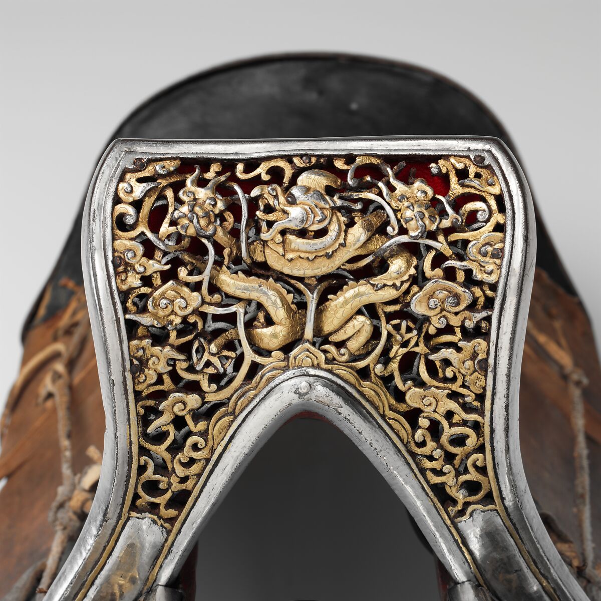 Saddle (<i>gser sga</i>), Iron, gold, silver, wood, leather, textile, Eastern Tibetan or Chinese for the Tibetan market
