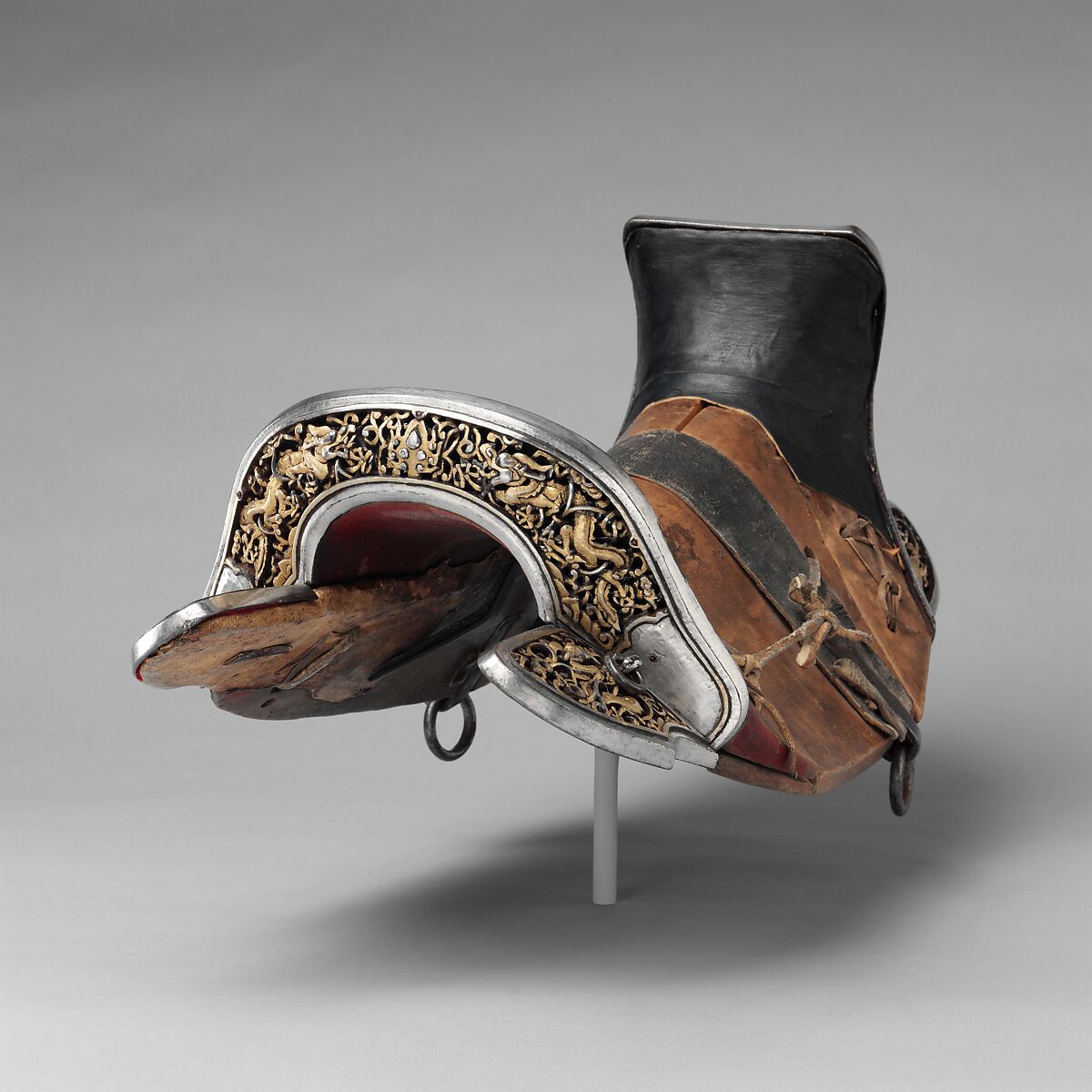 Saddle (<i>gser sga</i>), Iron, gold, silver, wood, leather, textile, Eastern Tibetan or Chinese for the Tibetan market