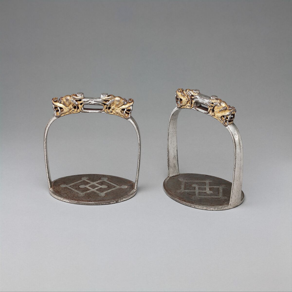 Pair of Stirrups, Iron, gold, silver, Tibetan 