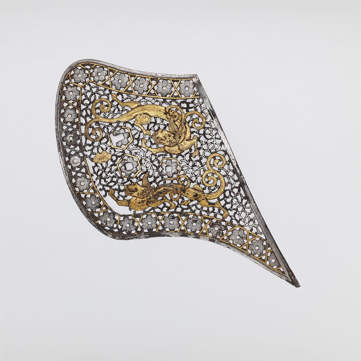 Pair of Plates for the Back End-Boards of a Saddle, Iron, gold, silver, Tibetan