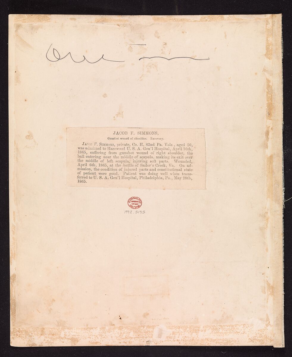 Private Jacob F. Simmons, Company H, Eighty-second Pennsylvania Volunteers, Reed Brockway Bontecou (American, 1824–1907), Albumen silver print from glass negative