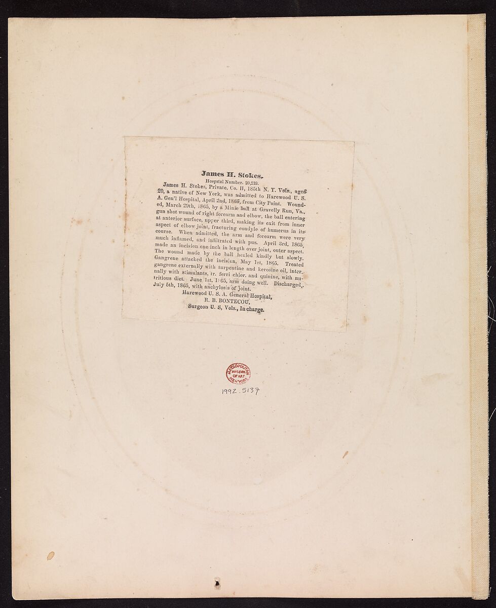 Private James H. Stokes, Company H, 185th New York Volunteers, Reed Brockway Bontecou (American, 1824–1907), Albumen silver print from glass negative