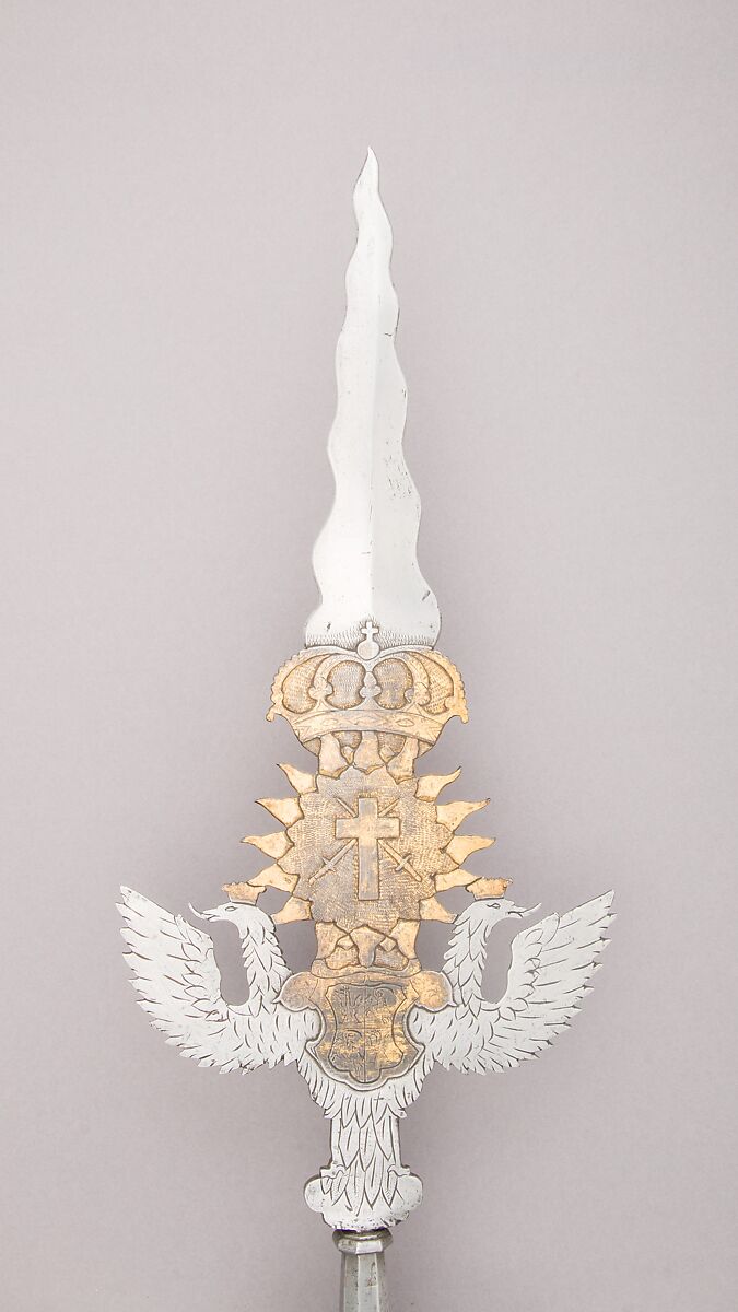 Partisan, Steel, wood, gold, textile, metallic thread, German, Saxony