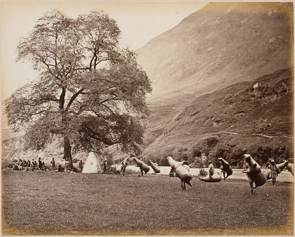 [Mussucks for Crossing the Beas River Below Bajoura], Samuel Bourne (British, 1834–1912), Albumen silver print from glass negative 