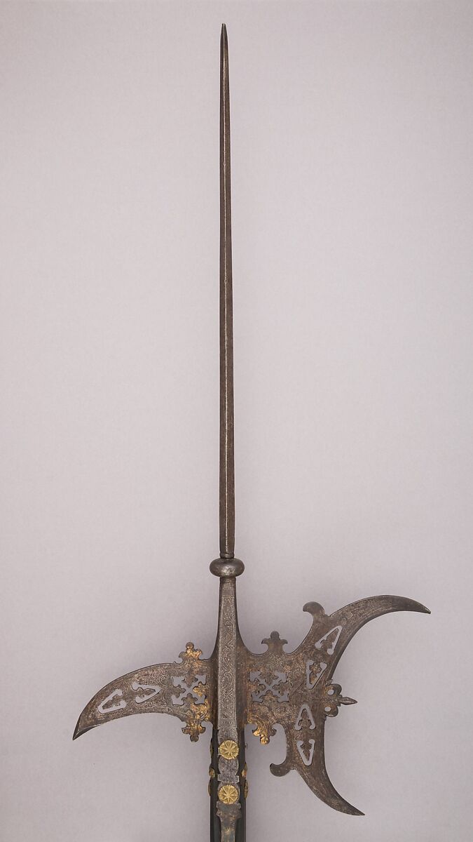 Halberd, Steel, wood, gold, Italian