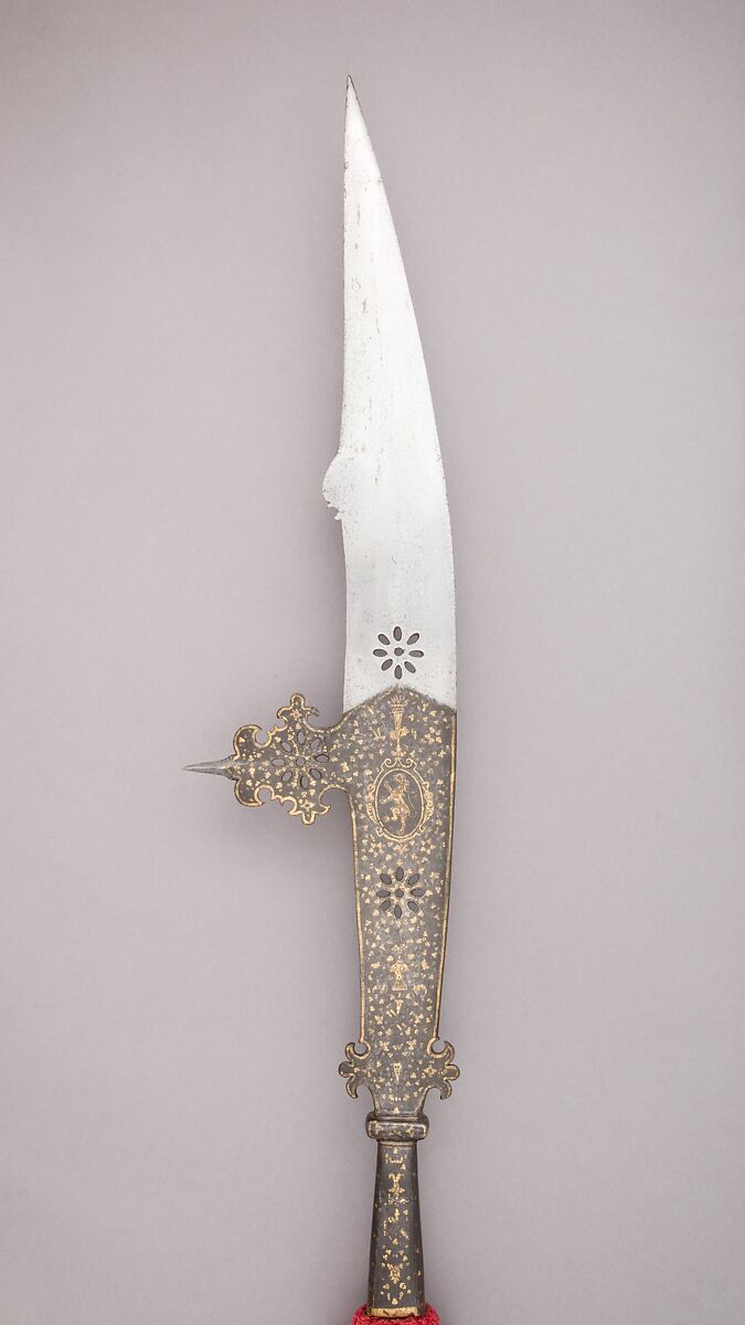 Glaive of the Bodyguard of the Tiepolo Family, Steel, wood, textile (velvet), gold, Italian 