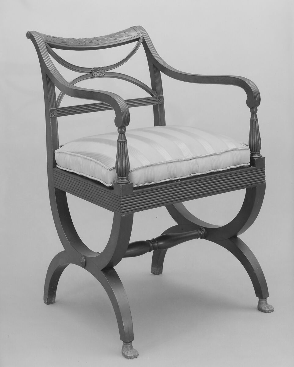 Armchair, Attributed to Duncan Phyfe (American (born Scotland), near Lock Fannich, Ross-Shire, Scotland 1768/1770–1854 New York), Primary: mahogany; Secondary: cherry (medial braces), ash or oak (stubb tenon feet)., American