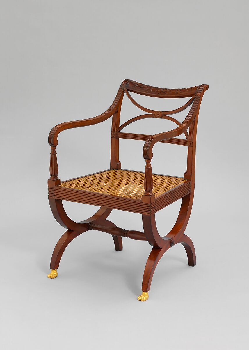 Armchair, Attributed to Duncan Phyfe (American (born Scotland), near Lock Fannich, Ross-Shire, Scotland 1768/1770–1854 New York), Primary: mahogany; Secondary: cherry (medial braces), ash or oak (stubb tenon feet)., American 