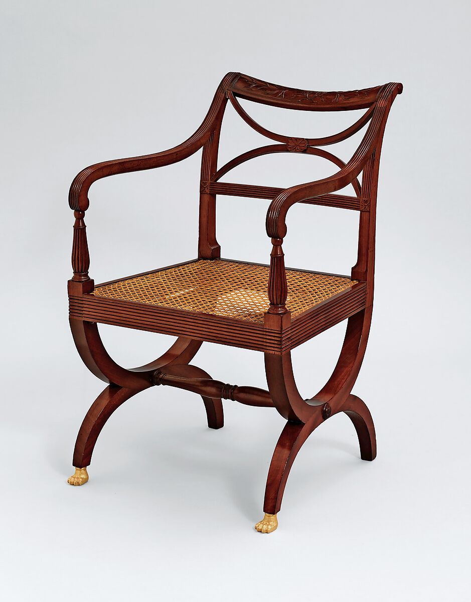 Armchair, Attributed to Duncan Phyfe (American (born Scotland), near Lock Fannich, Ross-Shire, Scotland 1768/1770–1854 New York), Primary: mahogany; Secondary: cherry (medial braces), ash or oak (stubb tenon feet)., American