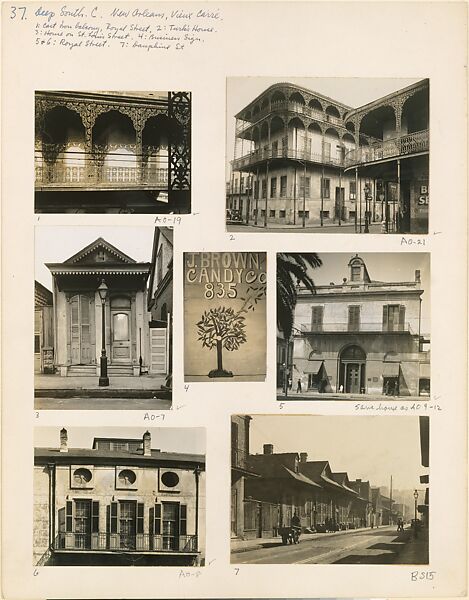 ["Deep South: New Orleans, Vieux Carré":  Album Page with Seven Mounted Photographs], Peter Sekaer (American (born Denmark), Copenhagen 1901–1950 Ardsley, New York), Gelatin silver print 