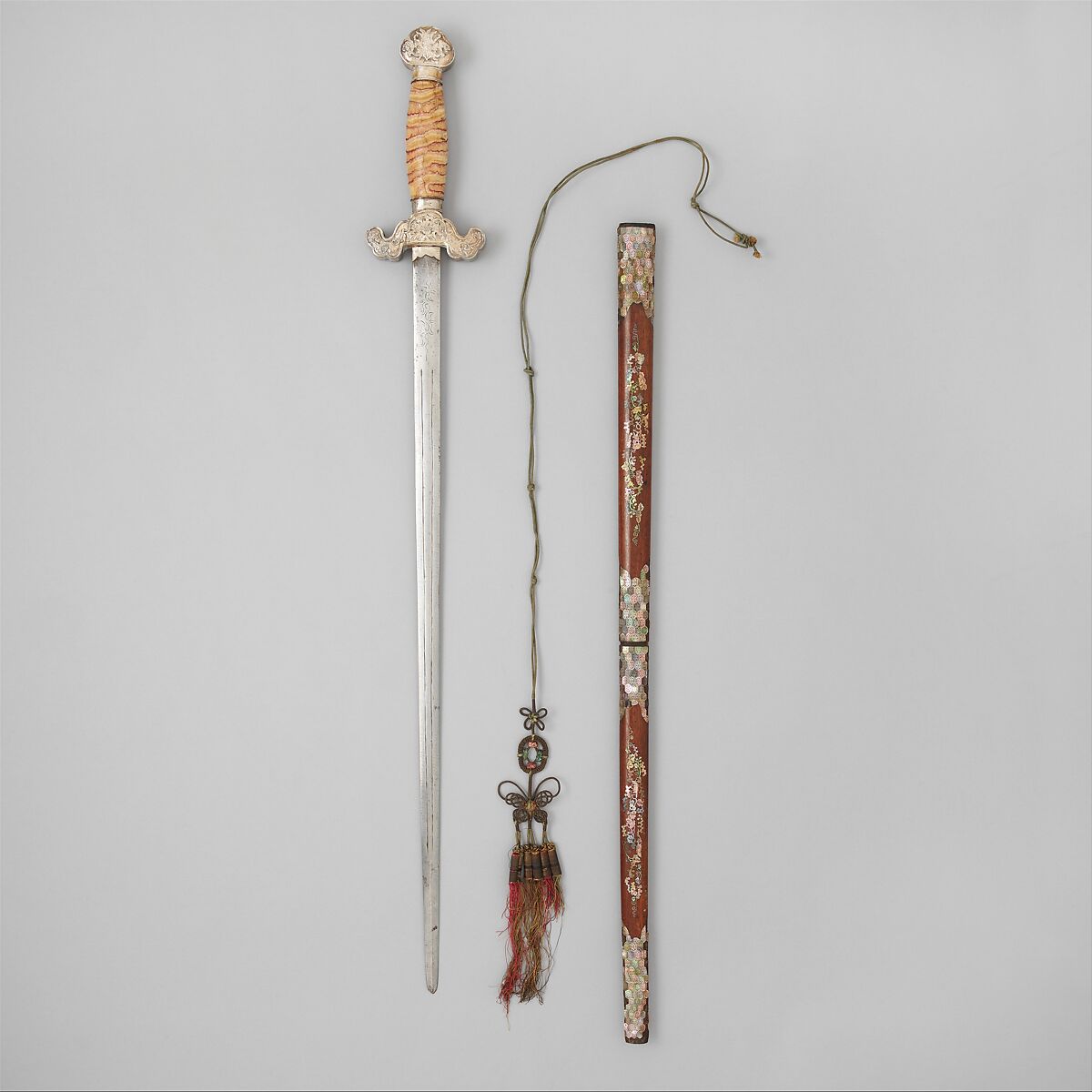 Sword with Scabbard, Steel, ivory (elephant's tooth), silver, pearl shell, wood, probably Chinese or Vietnamese 