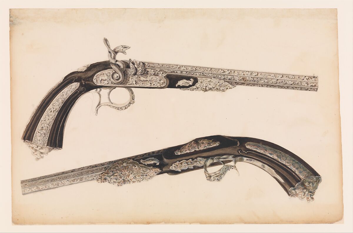 Designs for the Ornament of Swords and Firearms, Workshop of Louis-François Devisme (French, Paris, active 1833–1886), Leather, paper, pencil, ink, colored wash, French, Paris 