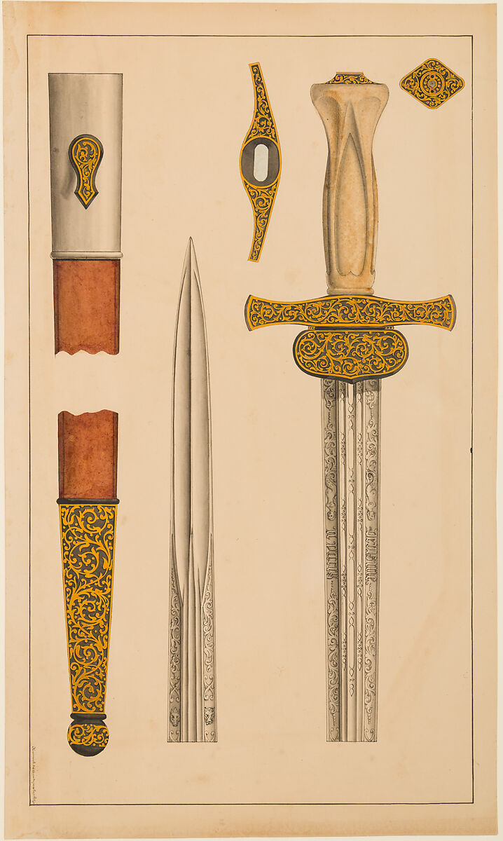 Designs for the Ornament of Swords and Firearms, Workshop of Louis-François Devisme (French, Paris, active 1833–1886), Leather, paper, pencil, ink, colored wash, French, Paris