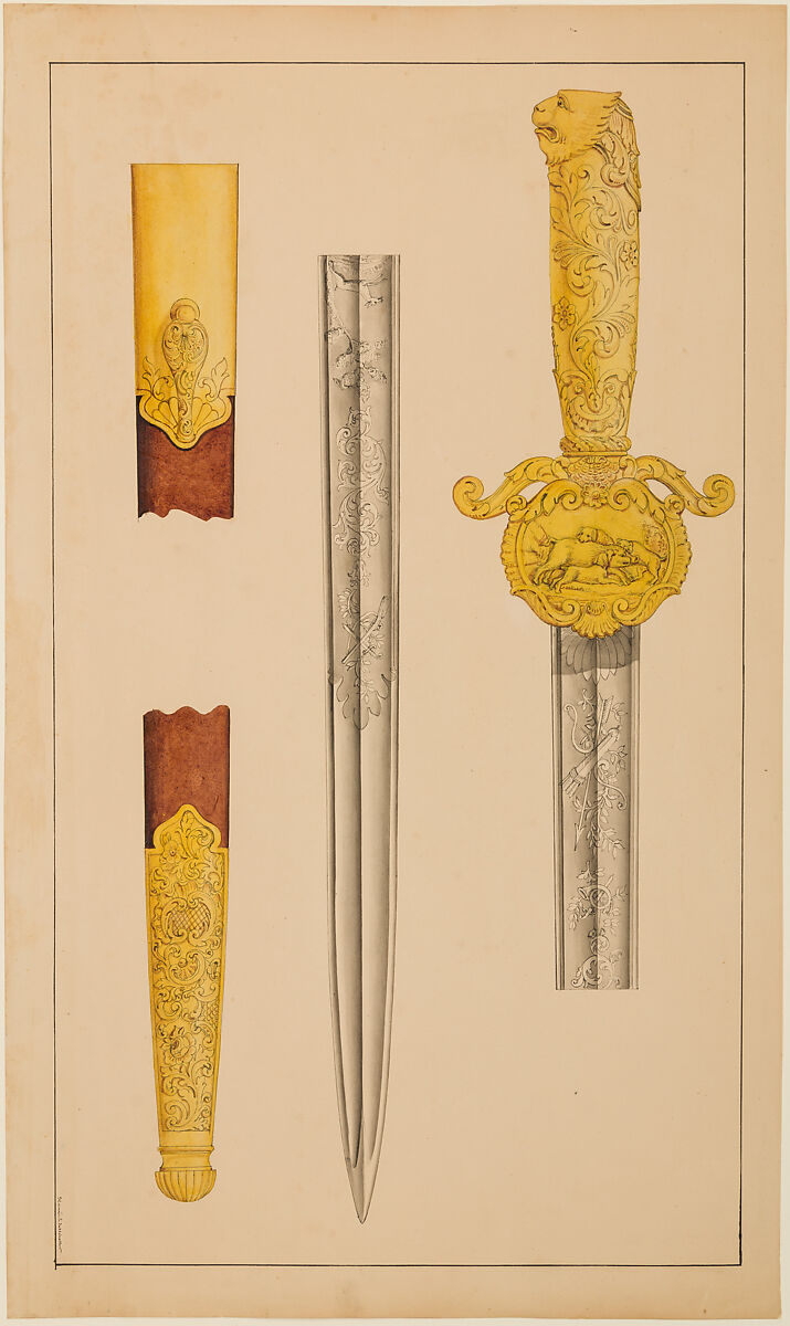 Designs for the Ornament of Swords and Firearms, Workshop of Louis-François Devisme (French, Paris, active 1833–1886), Leather, paper, pencil, ink, colored wash, French, Paris