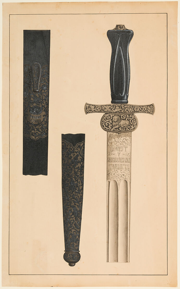 Designs for the Ornament of Swords and Firearms, Workshop of Louis-François Devisme (French, Paris, active 1833–1886), Leather, paper, pencil, ink, colored wash, French, Paris