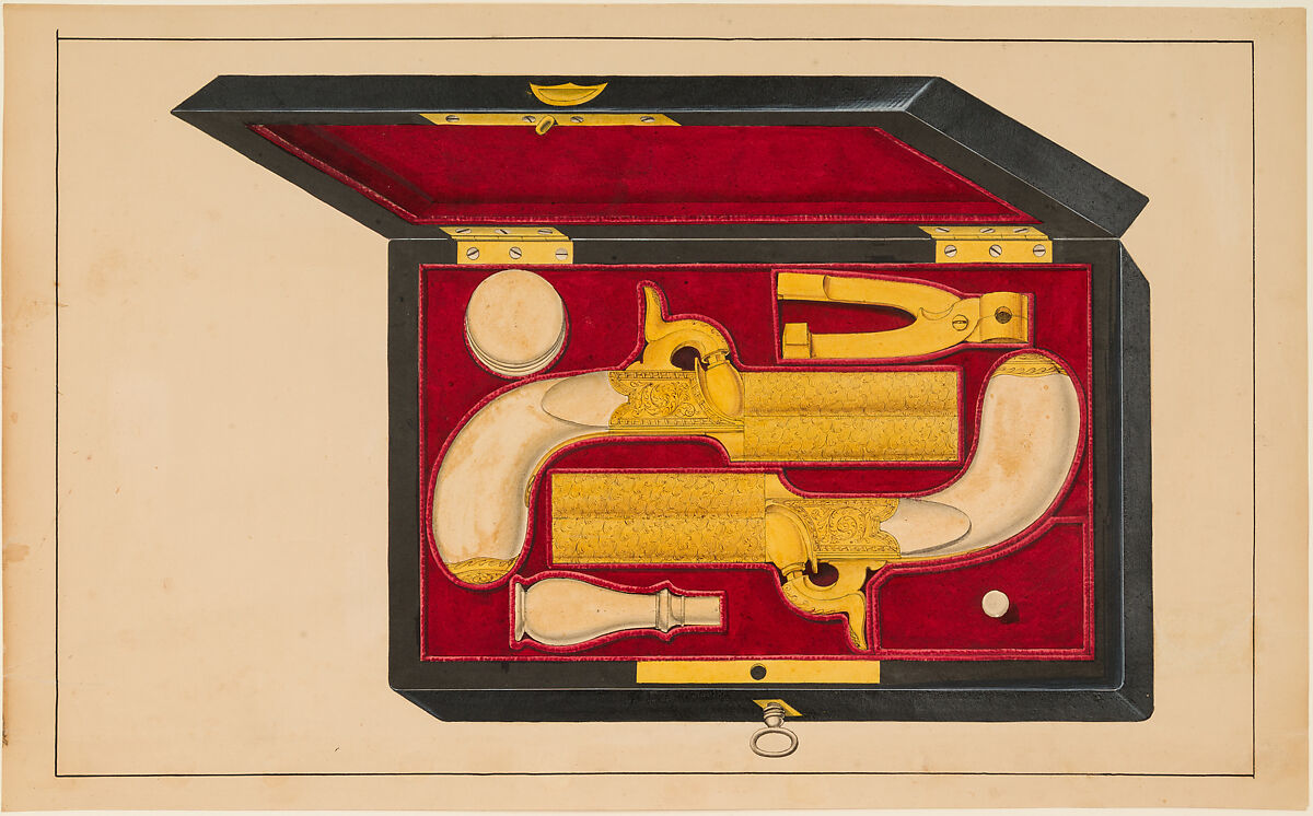 Designs for the Ornament of Swords and Firearms, Workshop of Louis-François Devisme (French, Paris, active 1833–1886), Leather, paper, pencil, ink, colored wash, French, Paris
