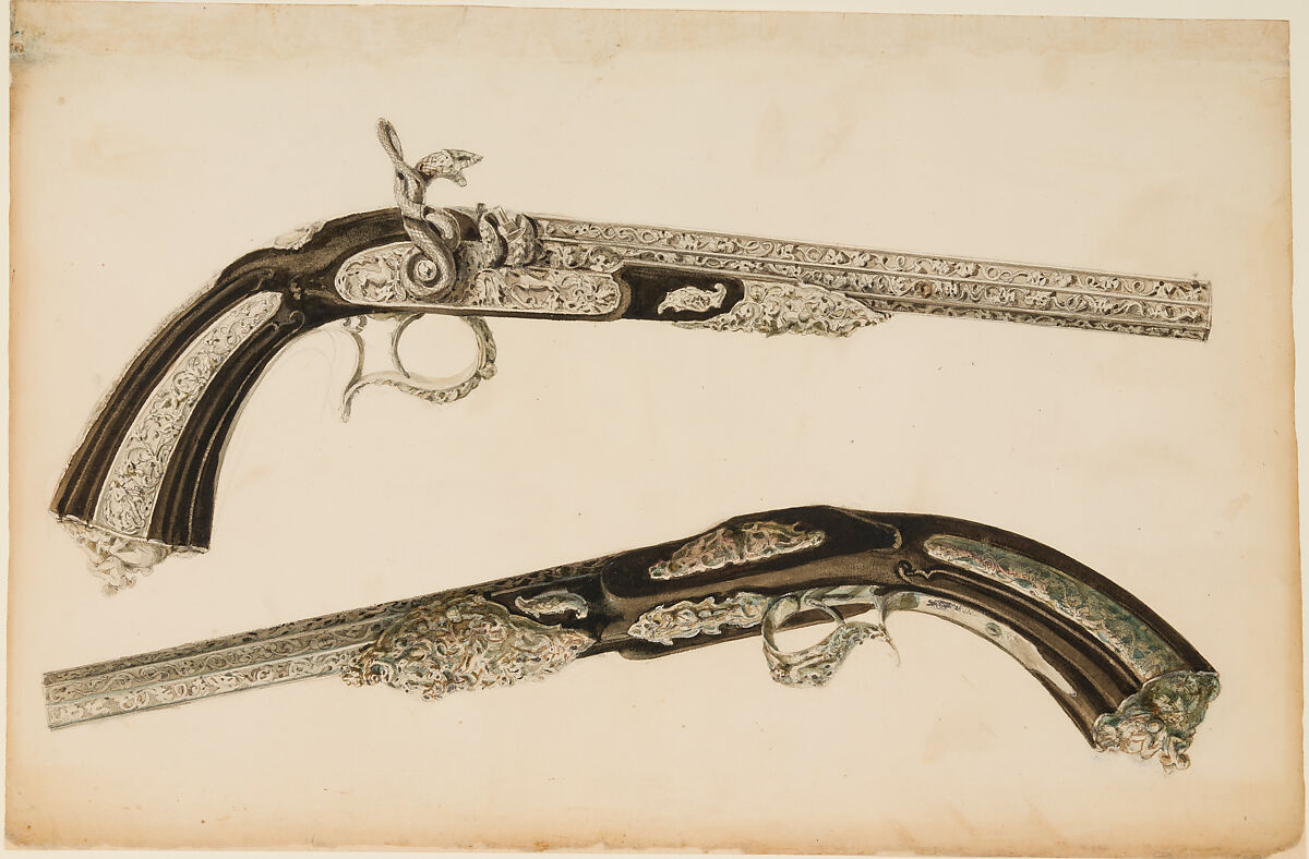 Designs for the Ornament of Swords and Firearms, Workshop of Louis-François Devisme (French, Paris, active 1833–1886), Leather, paper, pencil, ink, colored wash, French, Paris