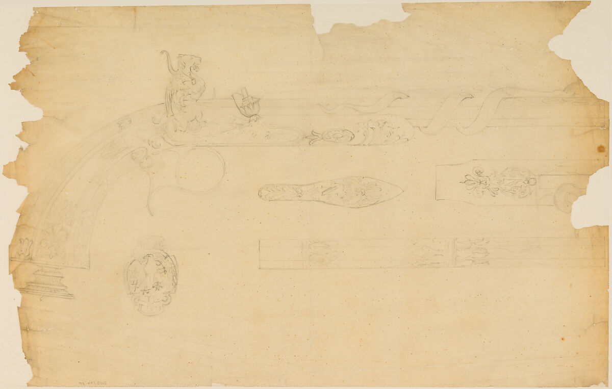 Designs for the Ornament of Swords and Firearms, Workshop of Louis-François Devisme (French, Paris, active 1833–1886), Leather, paper, pencil, ink, colored wash, French, Paris