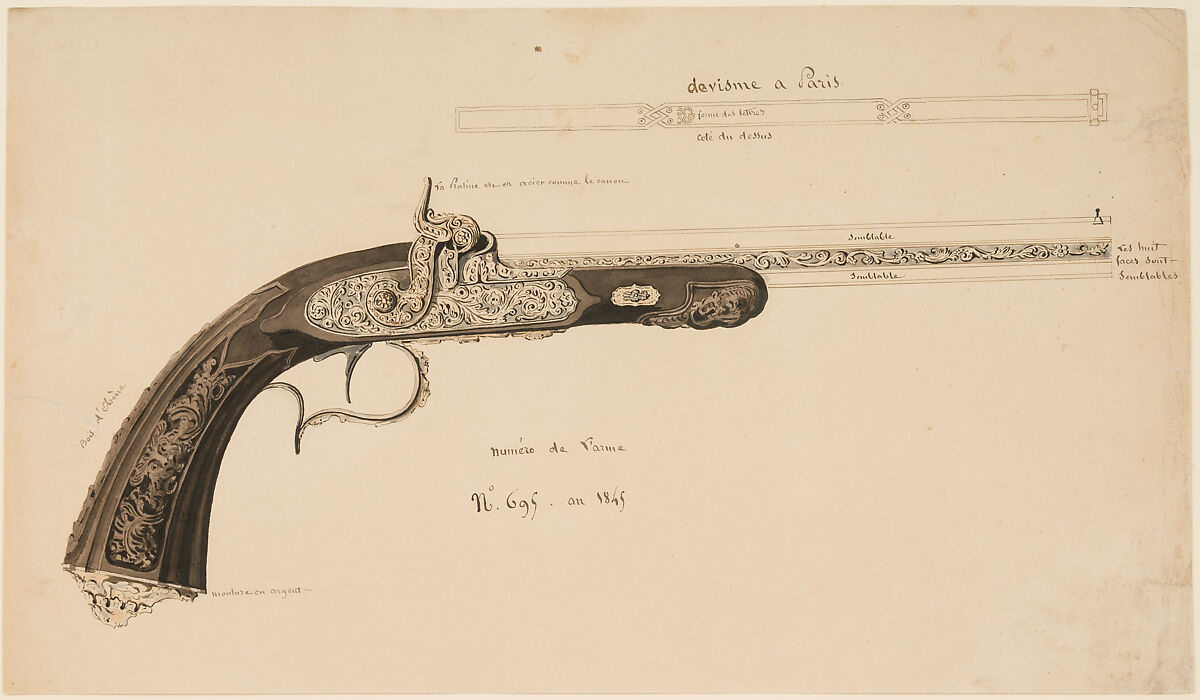 Designs for the Ornament of Swords and Firearms, Workshop of Louis-François Devisme (French, Paris, active 1833–1886), Leather, paper, pencil, ink, colored wash, French, Paris