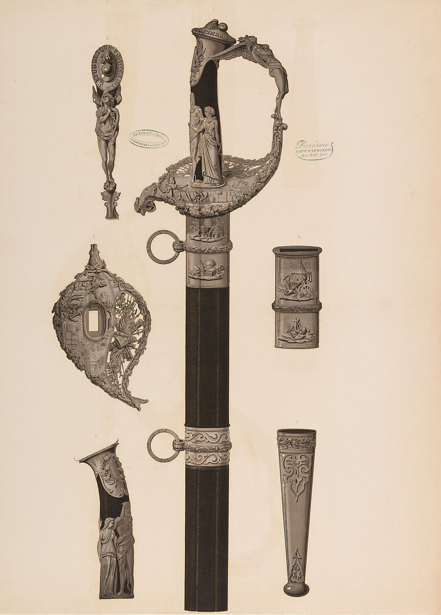 Designs for the Ornament of Swords and Firearms, Workshop of Louis-François Devisme (French, Paris, active 1833–1886), Leather, paper, pencil, ink, colored wash, French, Paris