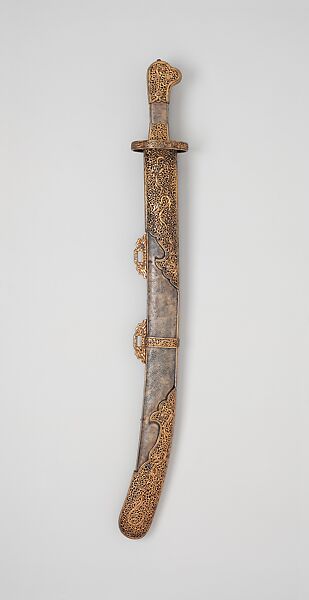 Sword and Scabbard, Iron, gold, rayskin, wood, Tibetan 