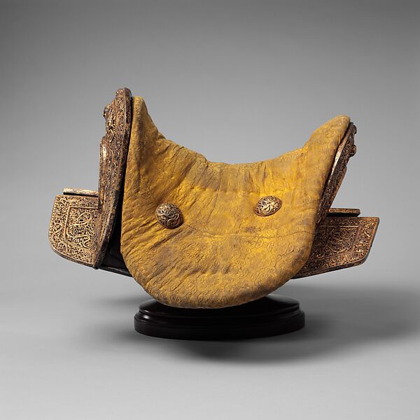 Saddle (Gser Sga), Iron, gold, copper, wood, leather, textile (silk), varnish, Tibetan