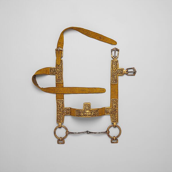 Bridle, Breast Collar, Crupper, and Stirrups, Iron, gold, copper, tin, textile (silk), leather, yak hair, Tibetan 