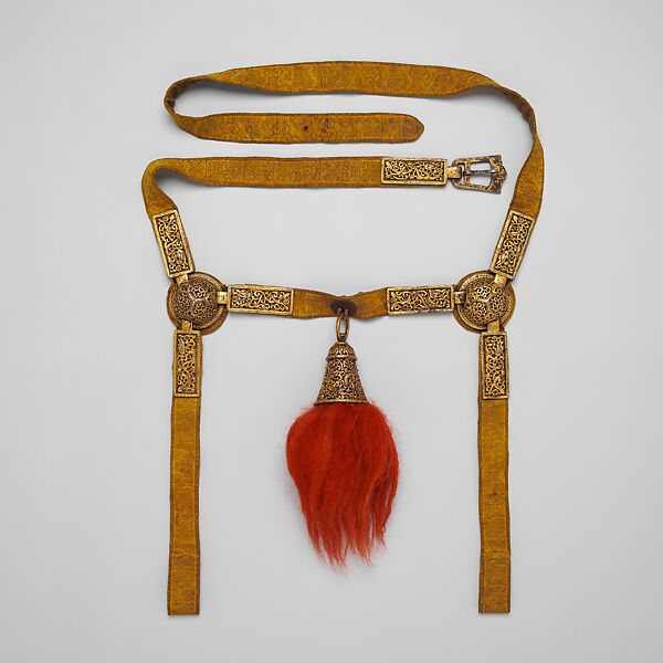 Bridle, Breast Collar, Crupper, and Stirrups, Iron, gold, copper, tin, textile (silk), leather, yak hair, Tibetan