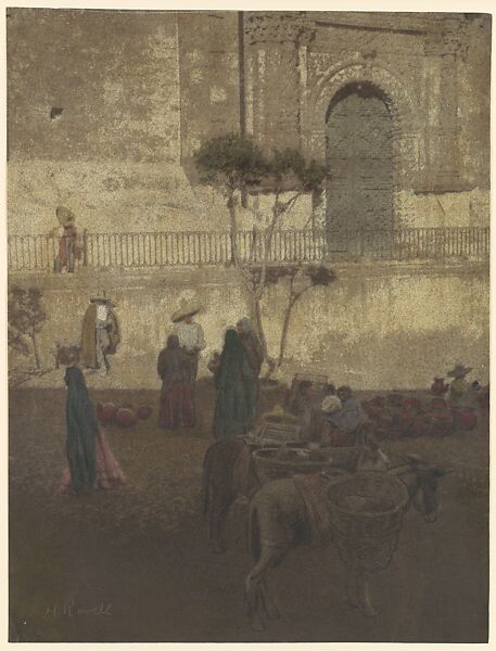Pottery Sellers by the Church Door, Henry Ravell (American, 1860–1930), Gum bichromate print with applied color 