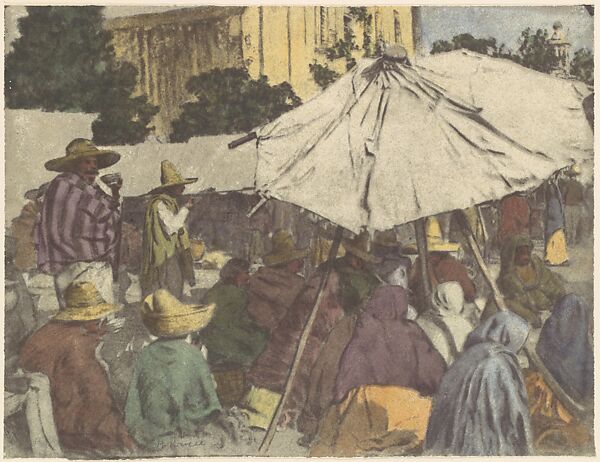 Lunching in the Market Place, Henry Ravell (American, 1860–1930), Gum or carbon transfer with applied color 