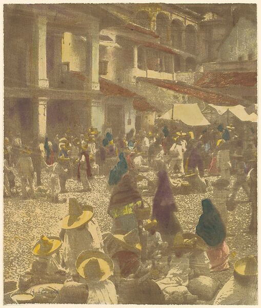 The Plaza, Market Day, Taxco, Mexico, Henry Ravell (American, 1860–1930), Gum bichromate print with applied color 