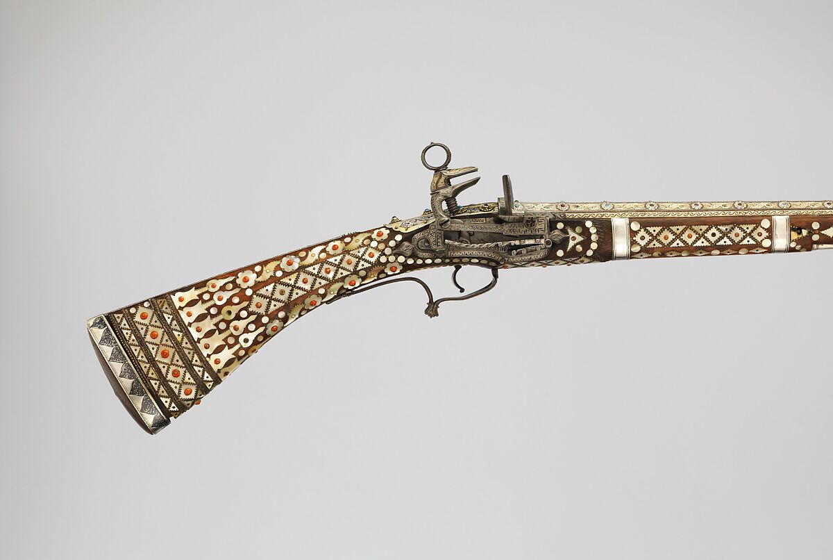 Miquelet Gun, Wood, steel, brass, niello, silver, mother-of-pearl, coral, turquoise, sapphire, ruby, Balkan 