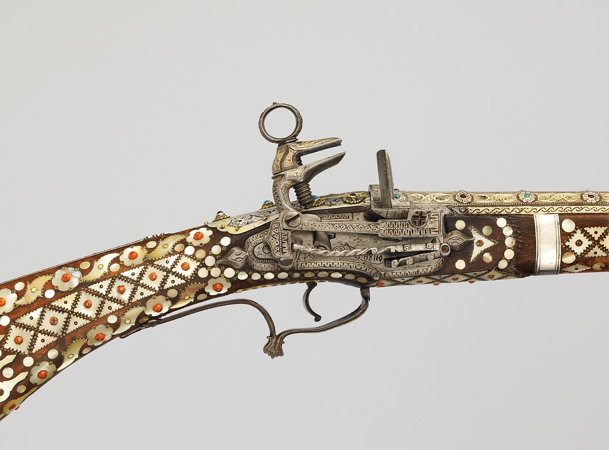 Miquelet Gun, Wood, steel, brass, niello, silver, mother-of-pearl, coral, turquoise, sapphire, ruby, Balkan