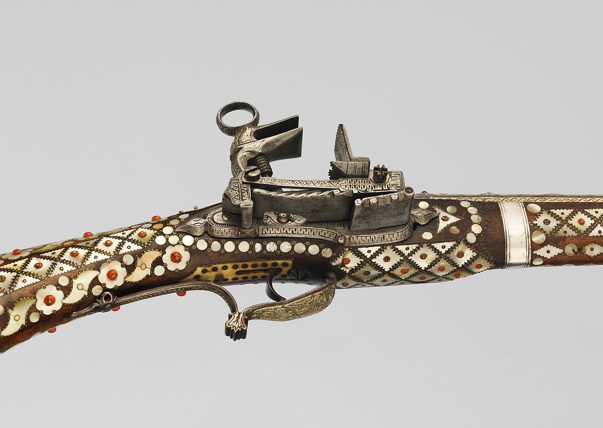 Miquelet Gun, Wood, steel, brass, niello, silver, mother-of-pearl, coral, turquoise, sapphire, ruby, Balkan