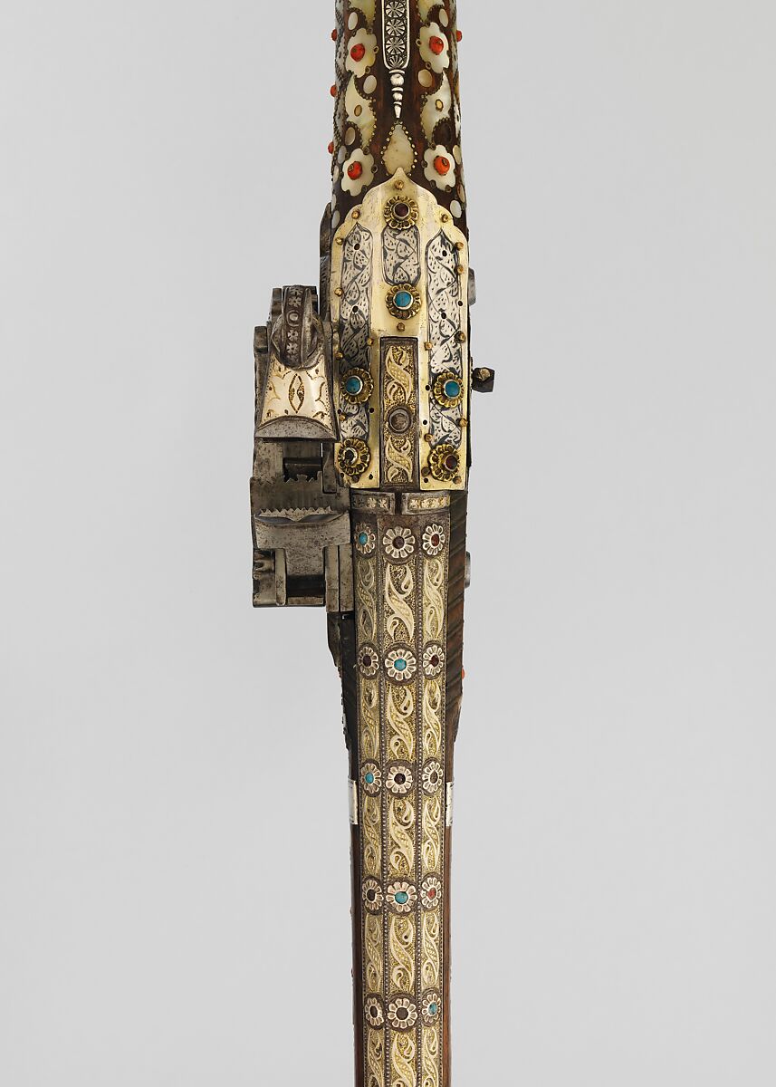 Miquelet Gun, Wood, steel, brass, niello, silver, mother-of-pearl, coral, turquoise, sapphire, ruby, Balkan