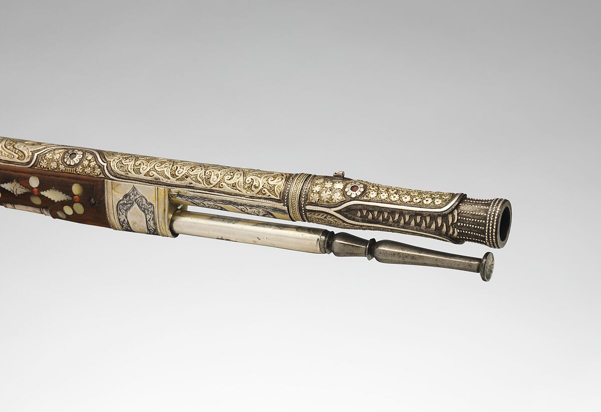 Miquelet Gun, Wood, steel, brass, niello, silver, mother-of-pearl, coral, turquoise, sapphire, ruby, Balkan