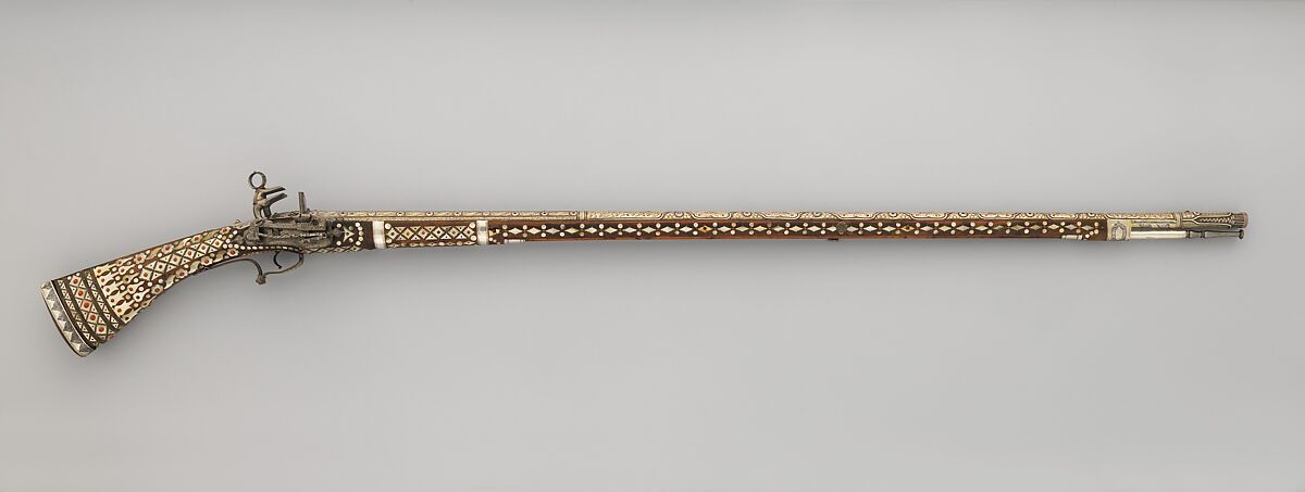 Miquelet Gun, Wood, steel, brass, niello, silver, mother-of-pearl, coral, turquoise, sapphire, ruby, Balkan