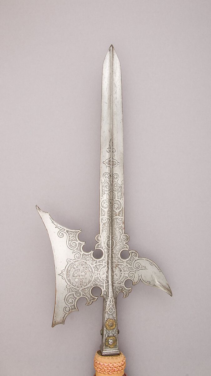 Halberd of Wolf Dietrich von Raitenau, Prince-Archbishop of Salzburg (reigned 1587–1612), Steel, wood, textile, copper alloy, German 