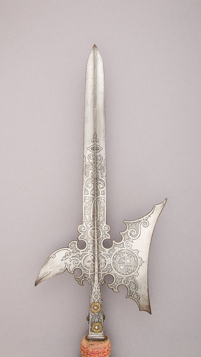 Halberd of Wolf Dietrich von Raitenau, Prince-Archbishop of Salzburg (reigned 1587–1612), Steel, wood, textile, copper alloy, German