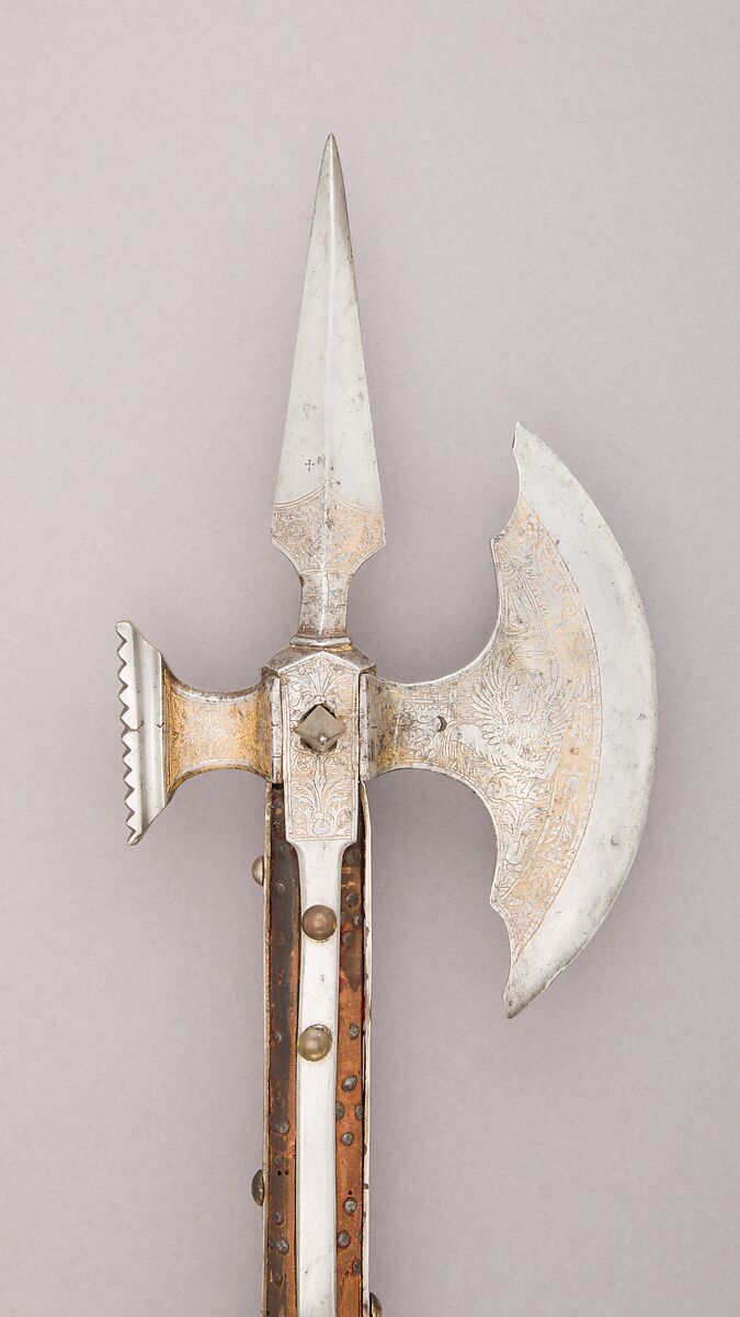 Pollaxe, Steel, wood, iron, brass, textile, gold, Italian, Venice