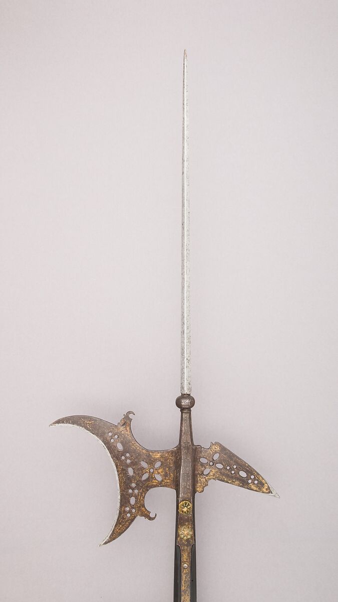 Halberd, Steel, brass, wood, gold, French 