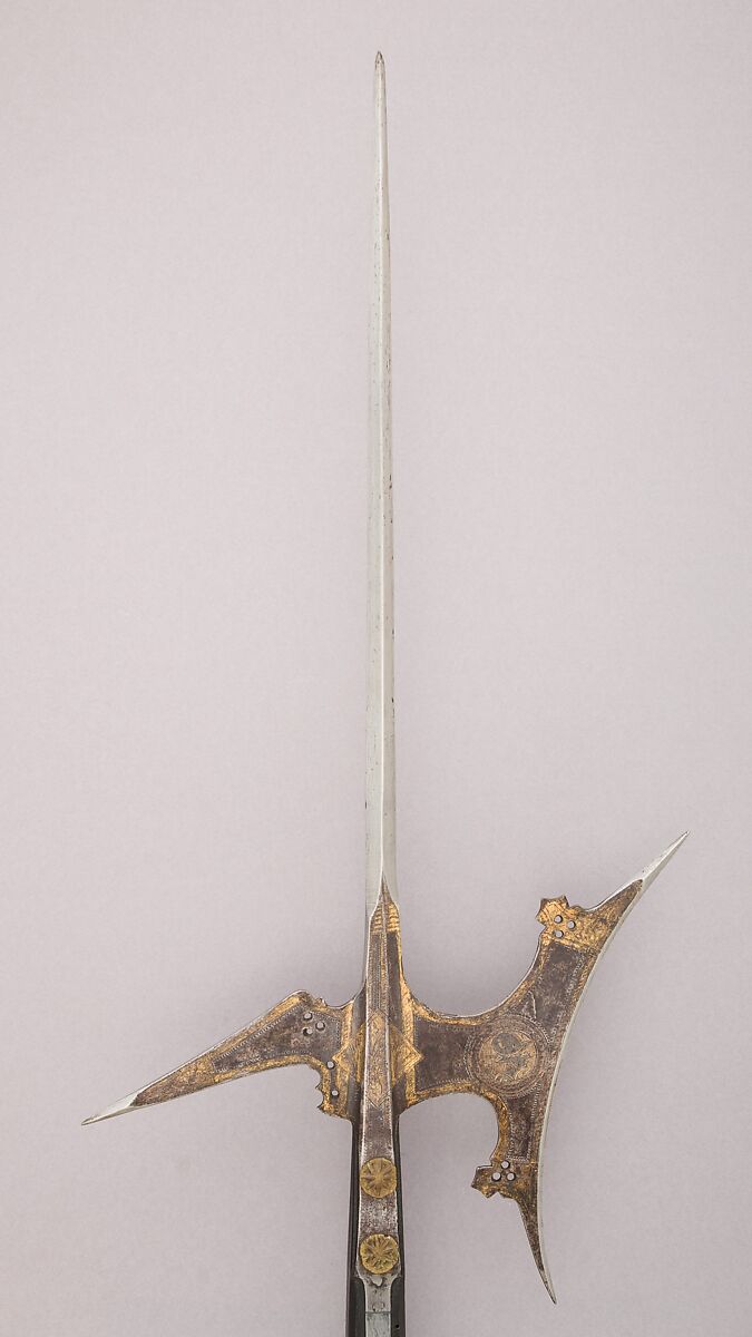 Halberd, Steel, wood, brass, gold, Italian