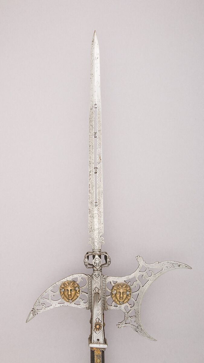 Halberd, Steel, brass, wood, gold, Italian
