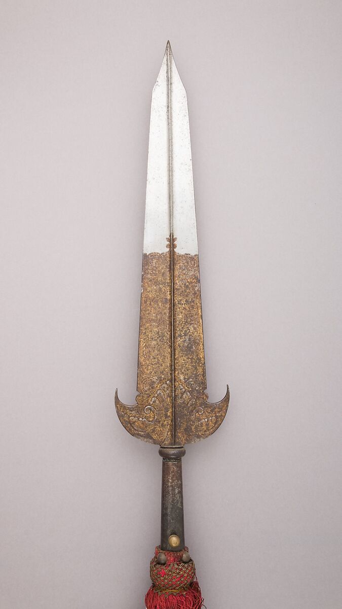 Partisan, Steel, wood, gold, textile (silk), brass, metallic thread, French, Paris