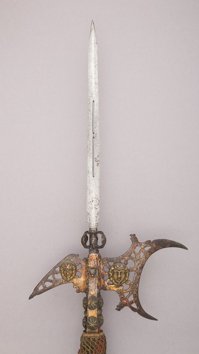 Halberd, Steel, brass, wood, textile (velvet), Italian