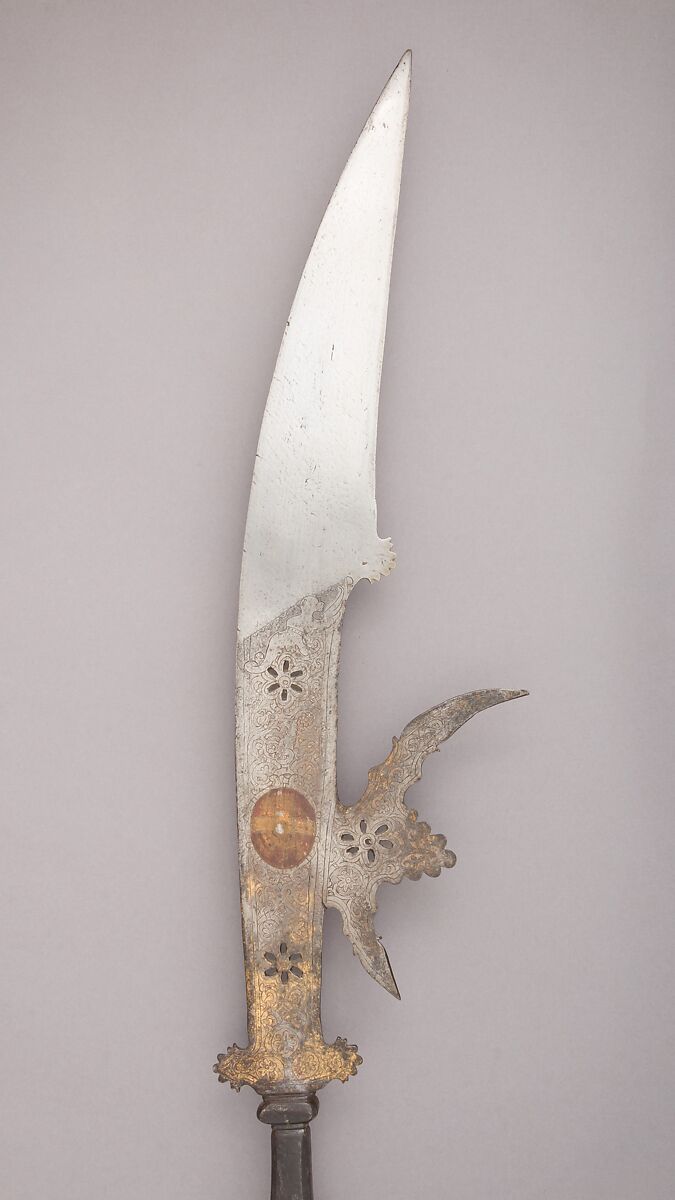 Fauchard, Steel, wood, textile, copper alloy, gold, metallic thread, Italian, Venice