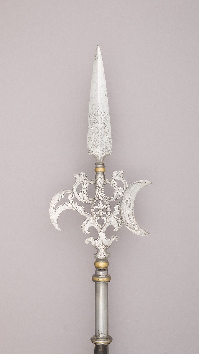 Halberd, Steel, wood, pigment, iron, copper alloy, French