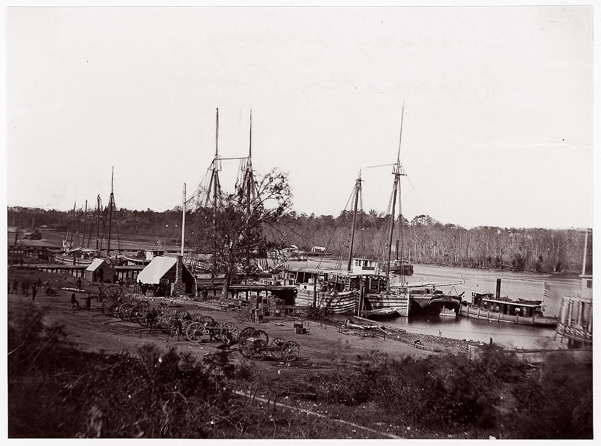 [Broadway Landing with Supply Boats, Appomattox River, Virginia], Attributed to William Frank Browne (American), Albumen silver print from glass negative 