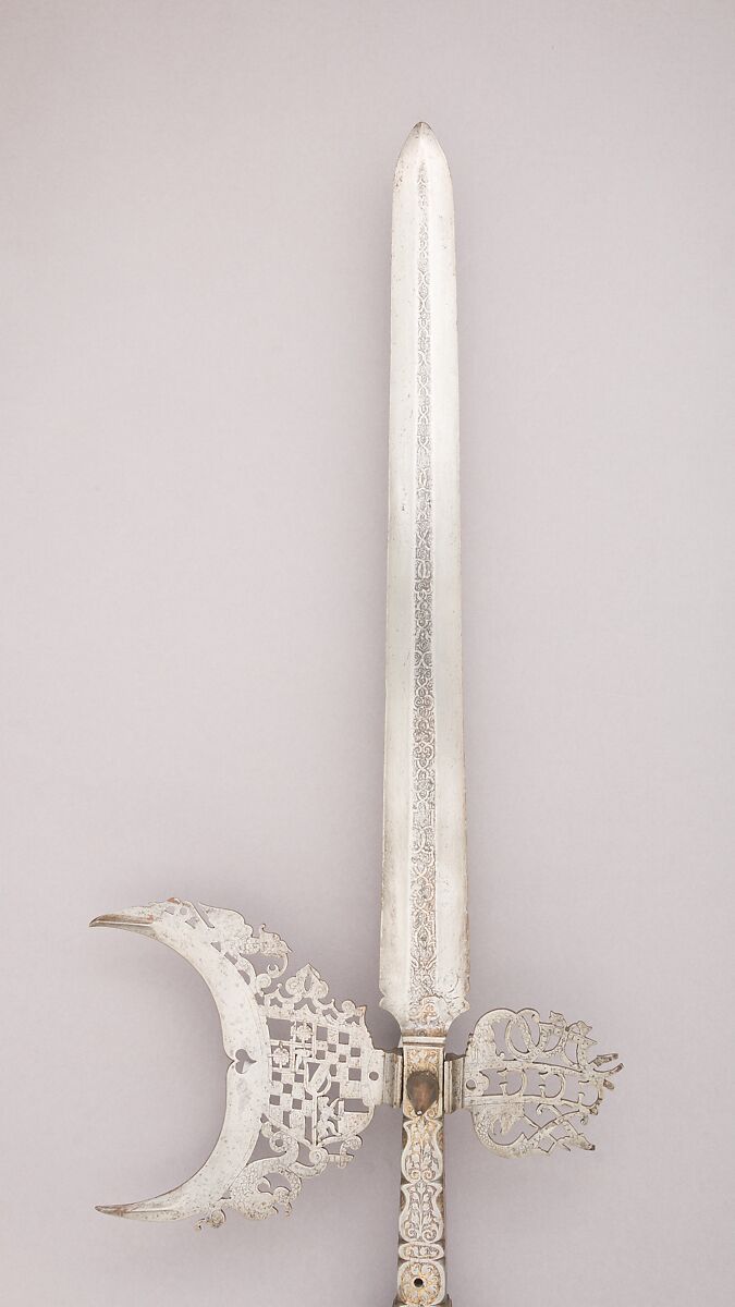 Halberd of the Bodyguard of Philip II, Margrave of Baden-Baden (1559–1588), Steel, wood, gold, textile, metallic thread, German