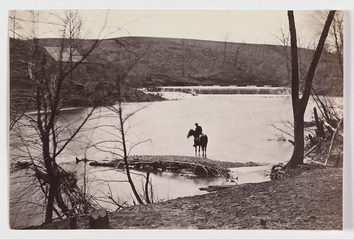 [View of Mounted Soldier? Watering his Horse in Bull Run, Blackburn's Ford, Virginia], Possibly by George N. Barnard (American, 1819–1902), Albumen silver print from glass negative 